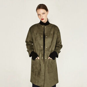 ZARA Women’s Size Medium Faux Suede Olive Green Button-Down Coat Gold Buttons